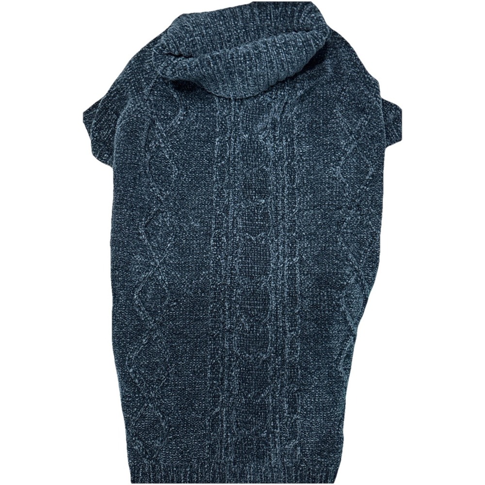 BINGPET Chenille Knitted Dog Sweater Navy Blue Cable Knit Turtleneck Size M/L